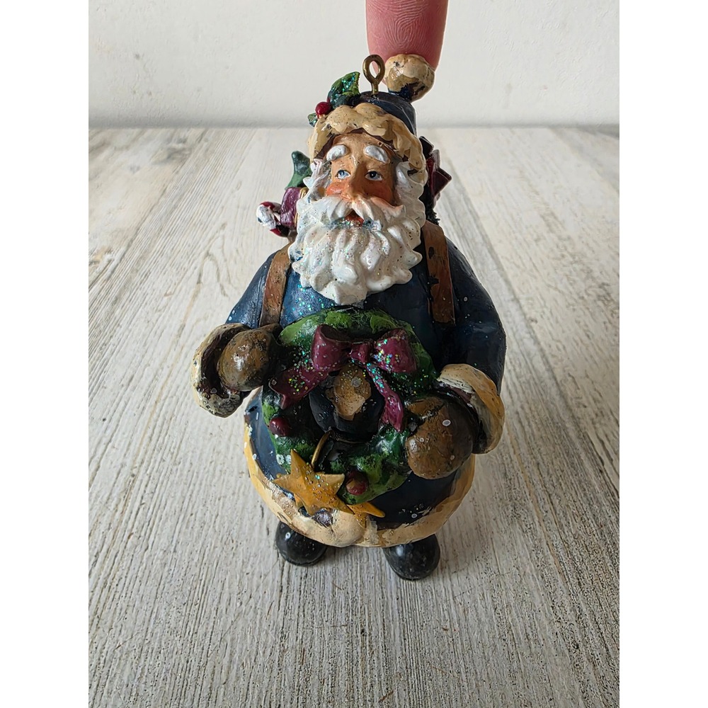 Vintage Santa ornament wreath glitter AS IS Xmas blue Victorian tree